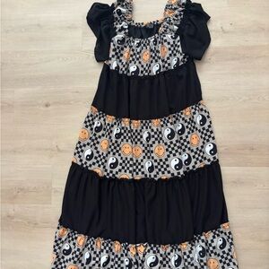 Dressed in LALA Black and Orange Maxi Dress with Smiley and Yin-Yang Pattern